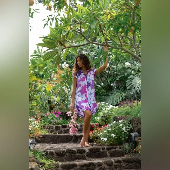 ❌SOLD❌ Eternal Summer Hawaii Mary Dress in Purple Jade's Orchids - Picture 1 of 7